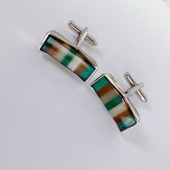 Vintage 1970s Striped Glass Inlay Modernist Geometric Cufflinks Mens Mod Jewelry - Picture 12 of 12